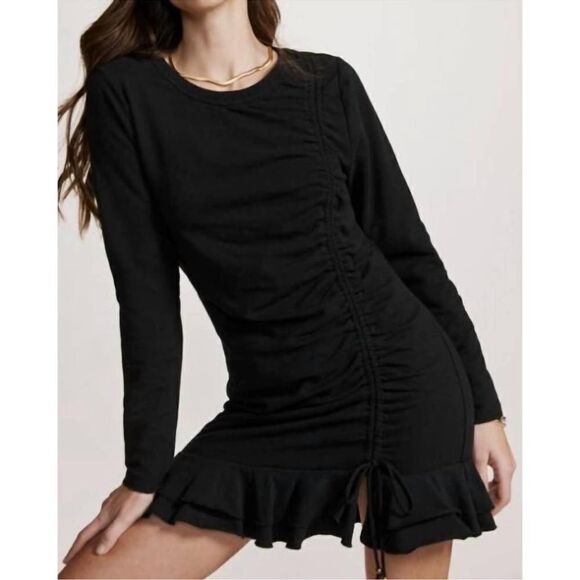 Anthropologie Sundays Ramone Black Ruched Mini Dress Size Medium, Long Sleeve - Picture 1 of 12